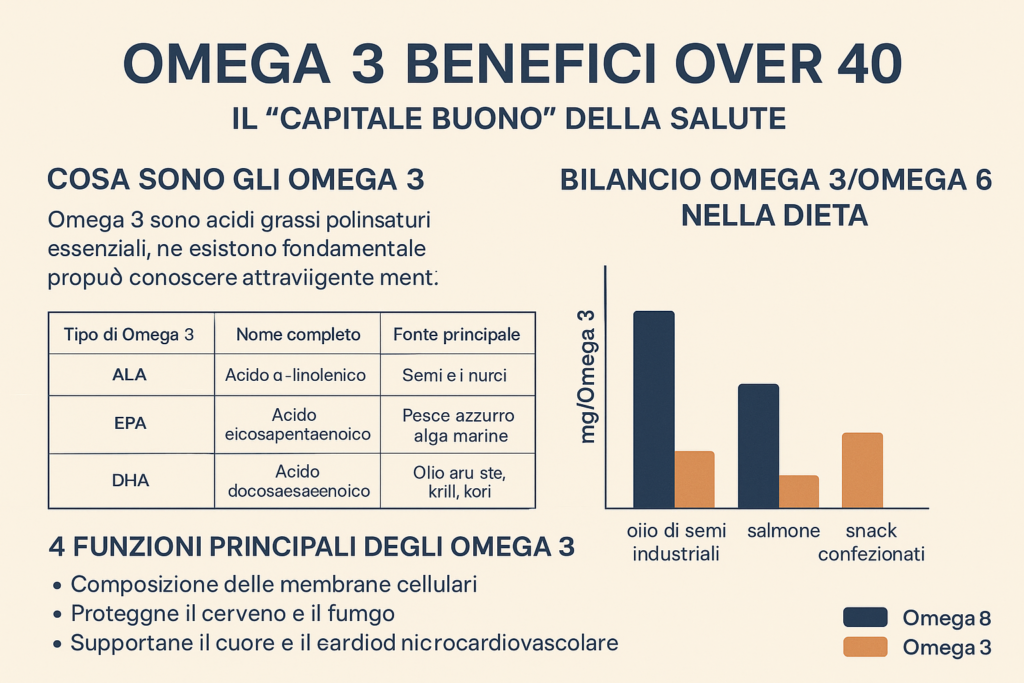 Scopri i benefici degli Omega 3 dopo i 40 anni: cuore, cervello, articolazioni, alimenti ricchi e dosi consigliate. Migliora salute ed energia.